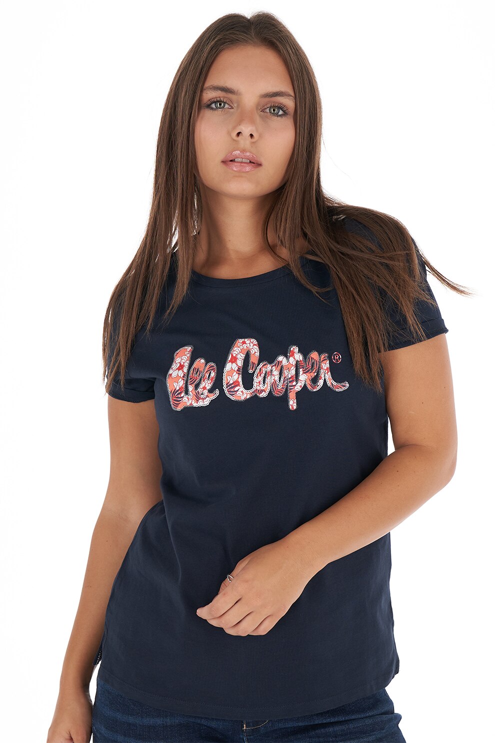 Lee Cooper, Tricou cu logo floral si paiete, Bleumarin