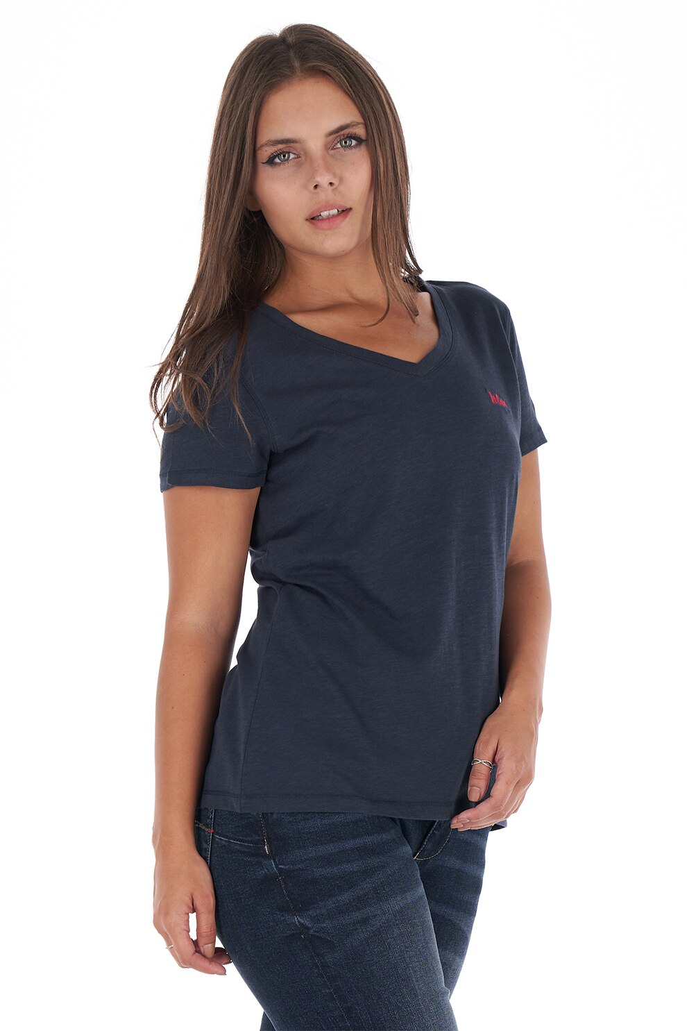 Lee Cooper, Tricou cu decolteu in V si logo brodat, Bleumarin
