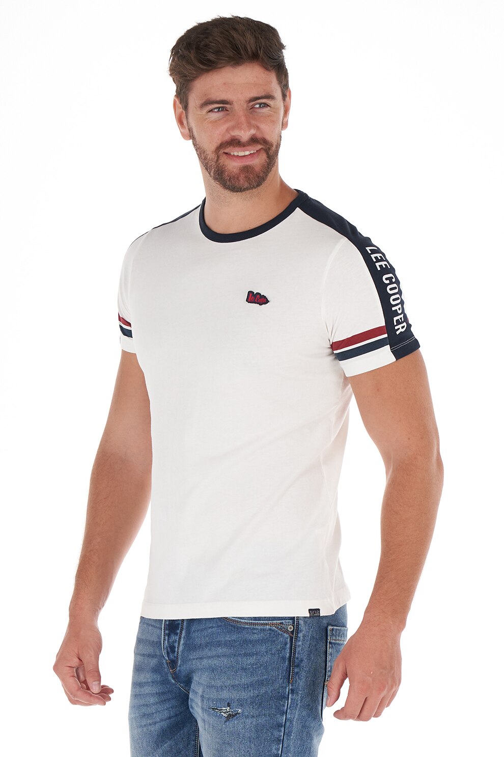 Lee Cooper, Tricou de bumbac cu benzi cu logo, Alb/Bleumarin
