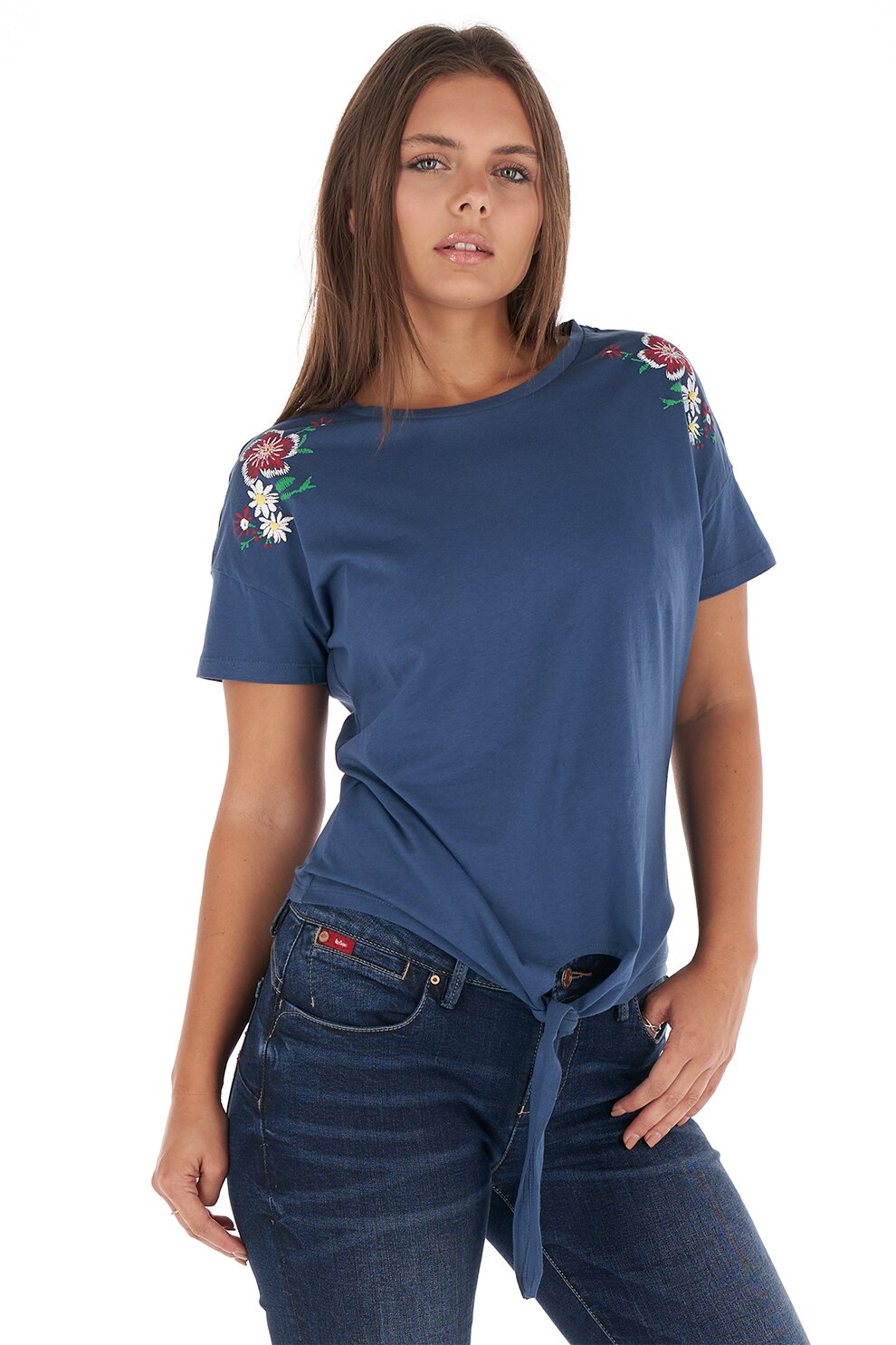 Lee Cooper, Tricou cu prindere la terminatie si broderii florale, Albastru inchis
