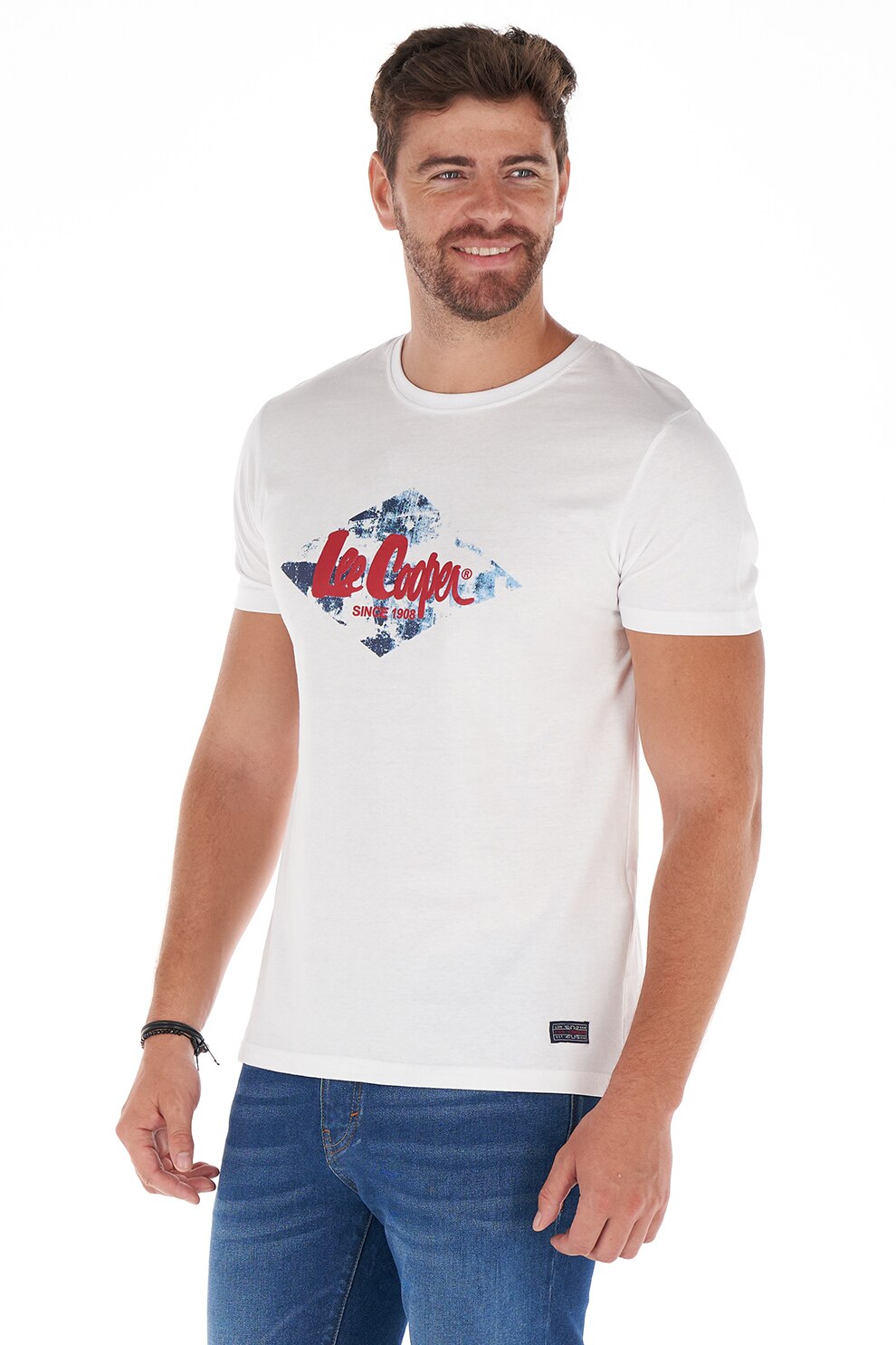 Lee Cooper, Tricou cu decolteu la baza gatului si imprimeu logo, Alb/Rosu/Albastru