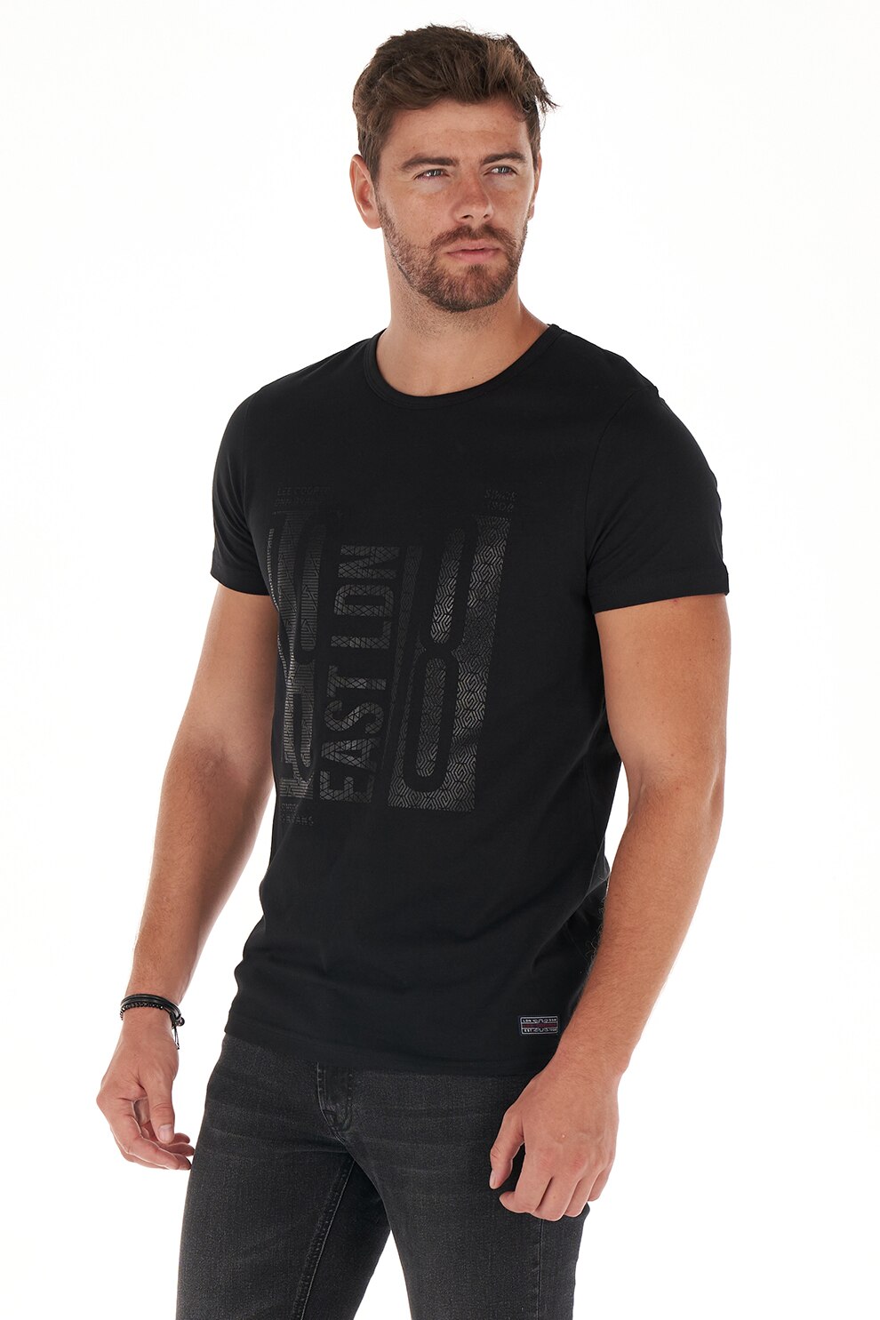 Lee Cooper, Tricou cu decolteu la baza gatului si imprimeu grafic, Negru