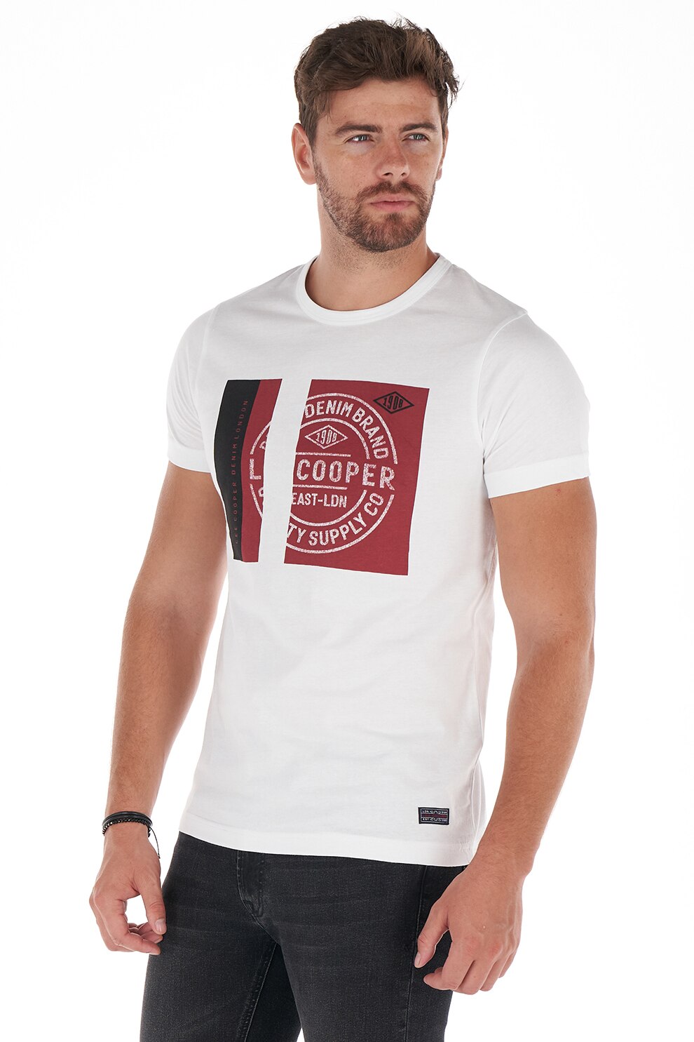 Lee Cooper, Tricou de bumbac cu imprimeu logo si grafic, Alb/Rosu inchis