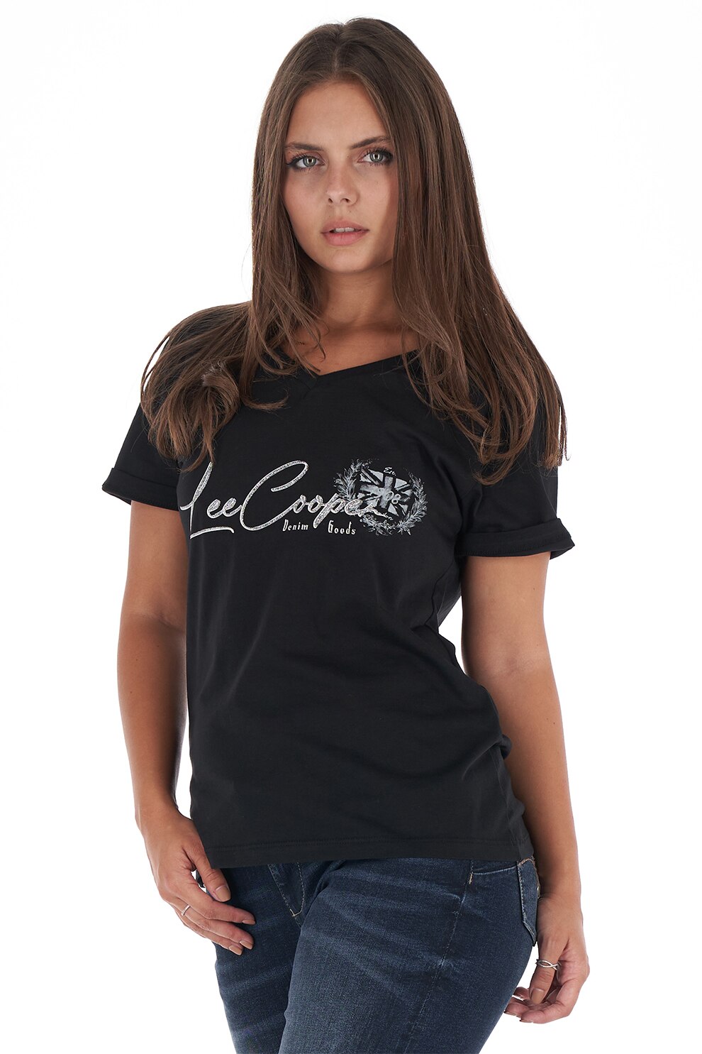 Lee Cooper, Tricou lejer de bumbac cu decolteu in V, Negru