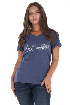 Lee Cooper, Tricou lejer de bumbac cu decolteu in V, Indigo Lee Cooper, Tricou lejer de bumbac cu decolteu in V, Indigo