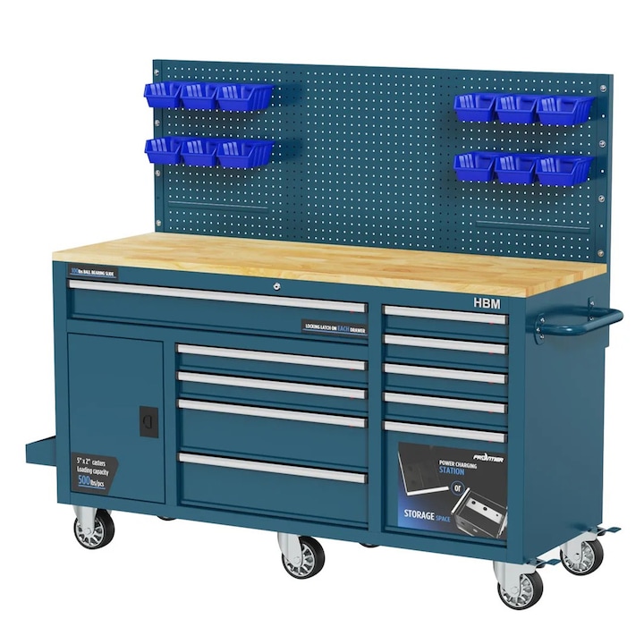 Banc dulap cu scule, HBM, cu panou, blat din lemn masiv, 158 cm, albastru