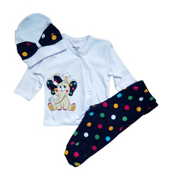 Compleu bebe 3 piese din bumbac cu buline, varsta 3-6 luni, 68 cm, Multicolor Compleu bebe 3 piese din bumbac cu buline, varsta 3-6 luni, 68 cm, Multicolor