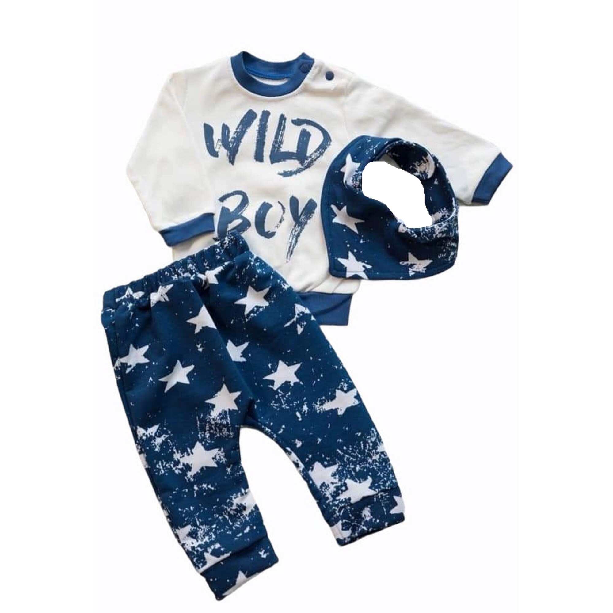 Compleu 3 piese din bumbac, Wild boy, varsta 3-6 luni, 68 cm, Alb/Negru