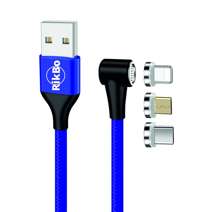 Cablu incarcator Fast Charge 3A,7 pini, Magnetic 3 in 1, rotatie 360 grade, Tip Lightning, Type-C, Micro-USB RikBo® compatibil Iphone Android, Indicator LED, transfer de date, Lungime 1 metru, Albastru