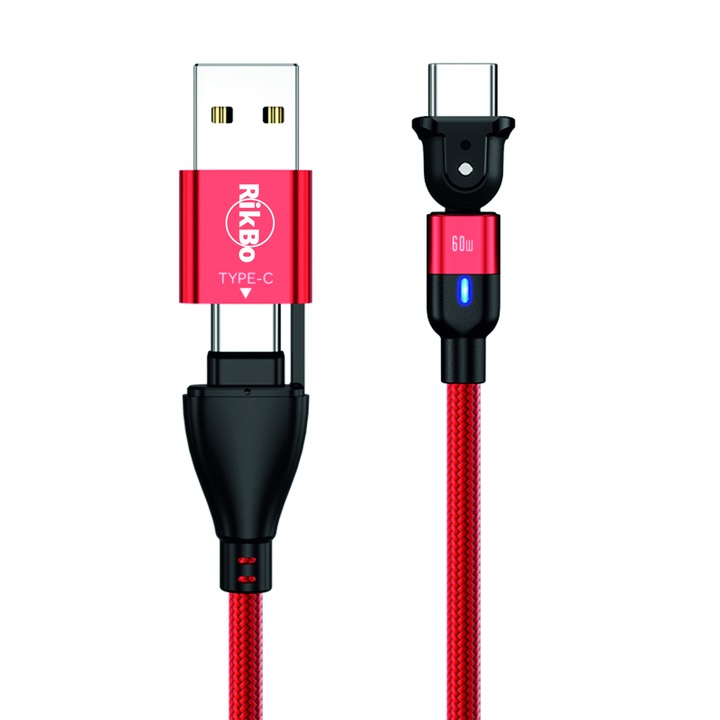Супер бързо зареждане 60W кабел за зареждане и пренос на данни, 2 в 1 UsbA - UsbC към USB typeC завъртане на 180 градуса, RikBo® съвместим Android, LED индикатор, дължина 2 метра, червен