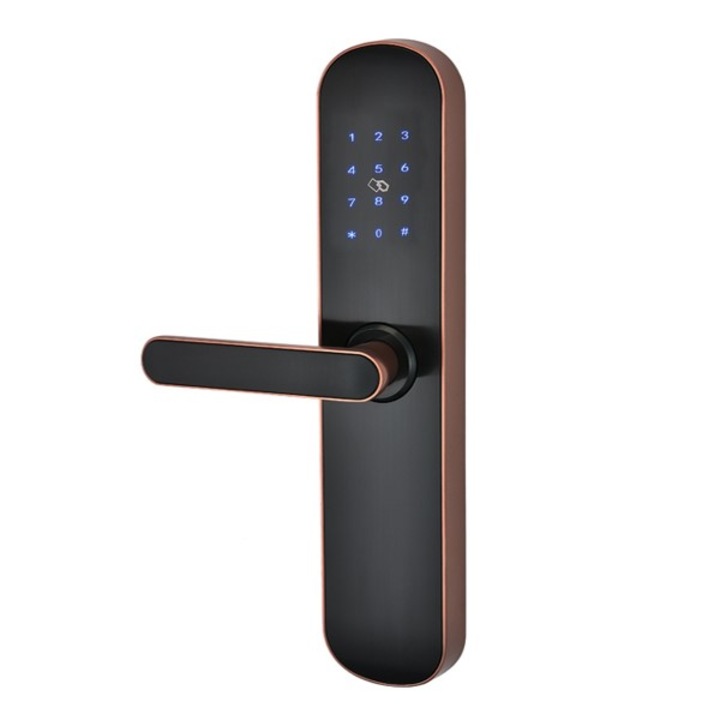 Incuietoare inteligenta DacEnergy©, pentru hotel, material aliaj de aluminiu, deblocare Aplicatie TTHotel / cod / card RFID / cheie, pentru usa din lemn / metal, negru/auriu