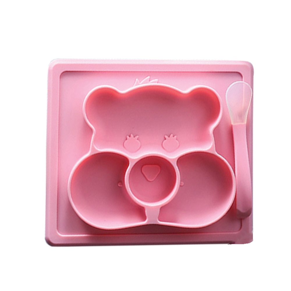 Farfurie compartimentata din silicon, 22 x 19 cm, bol de invatare/mancare din silicon, forma ursulet, pentru copii, antiderapanta, Roz