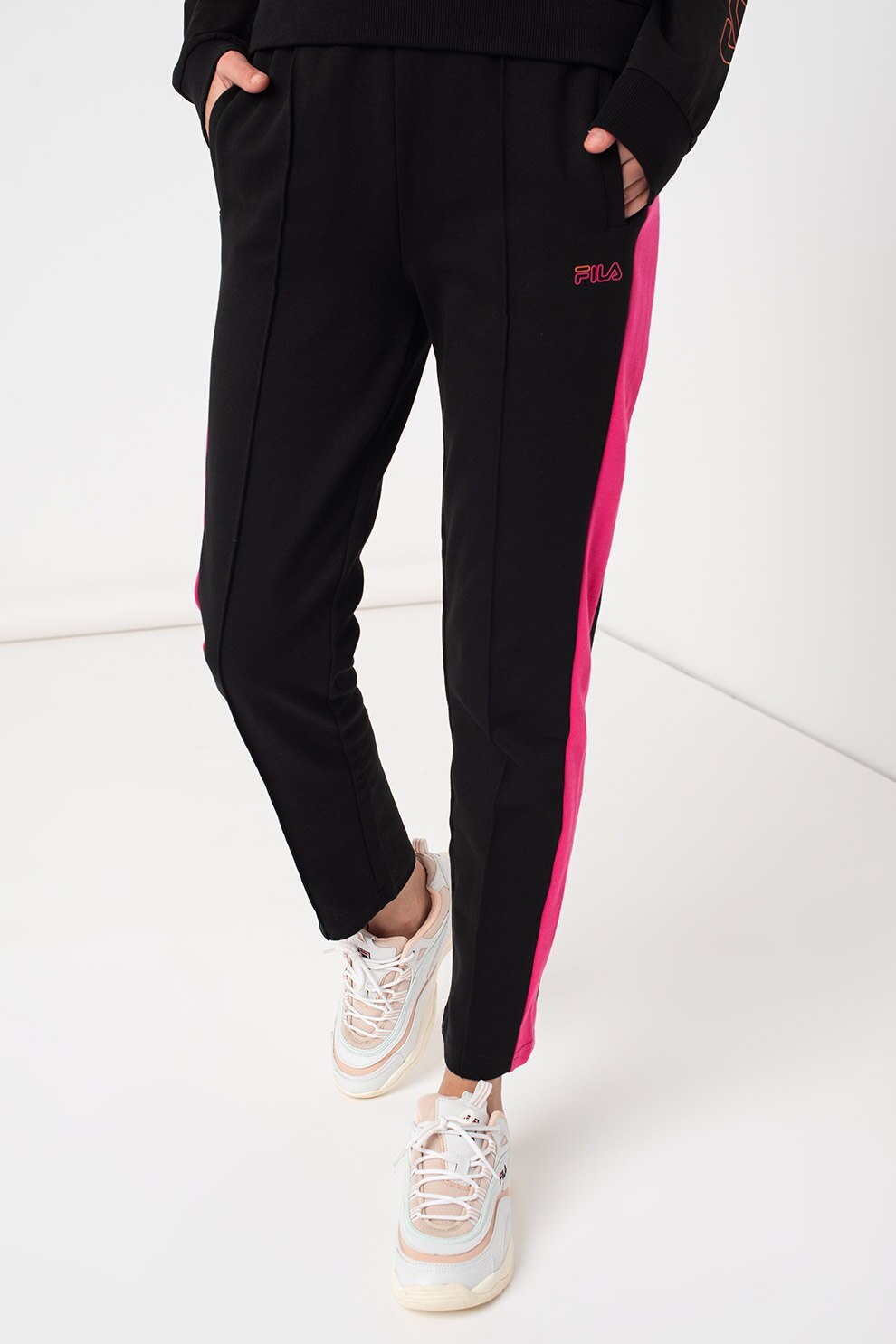 Fila, Pantaloni sport cu talie inalta Panju, Negru/Fucsia, S