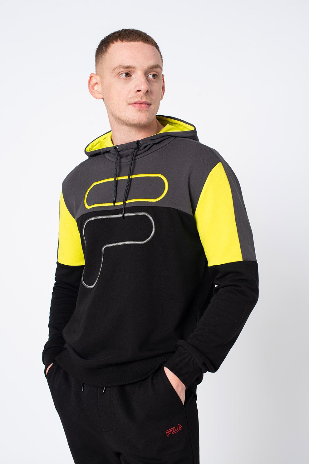 Fila, Hanorac cu imprimeu logo Parson, Negru/gri/verde neon, L