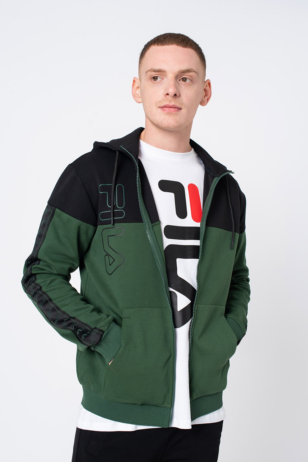 Fila, Hanorac cu fermoar si benzi laterale cu logo Ole, Negru/Verde englez