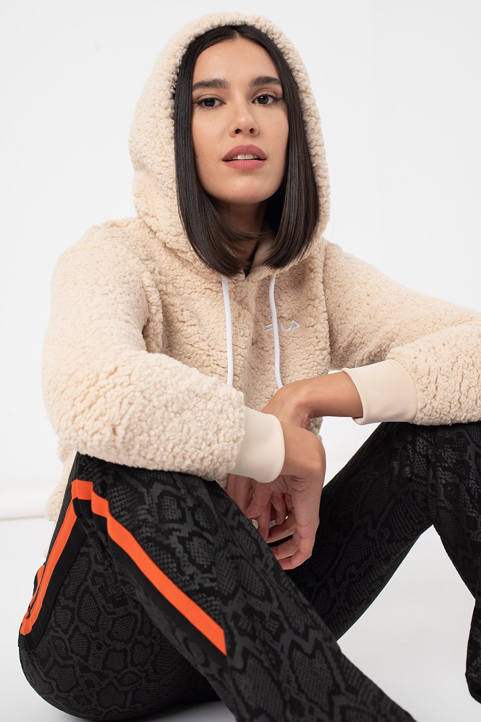 Fila, Hanorac din blana shearling sintetica cu buzunar kangaroo Yule, Maro nisip