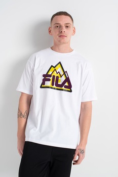 Fila, Tricou cu imprimeu logo si decolteu la baza gatului Yorick, Alb/verde lime/violet Fila, Tricou cu imprimeu logo si decolteu la baza gatului Yorick, Alb/verde lime/violet