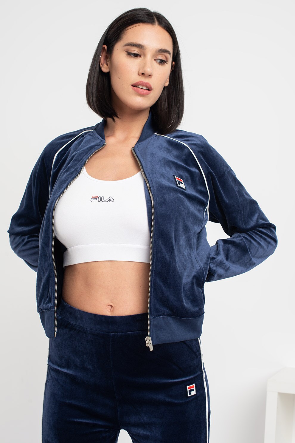 Fila, Bluza sport cu fermoar si aspect catifelat Chan, Bleumarin