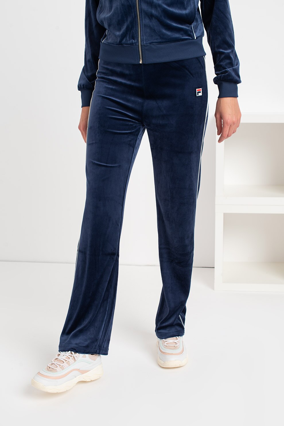 Fila, Pantaloni sport cu aspect catifelat Chan, Bleumarin/Alb