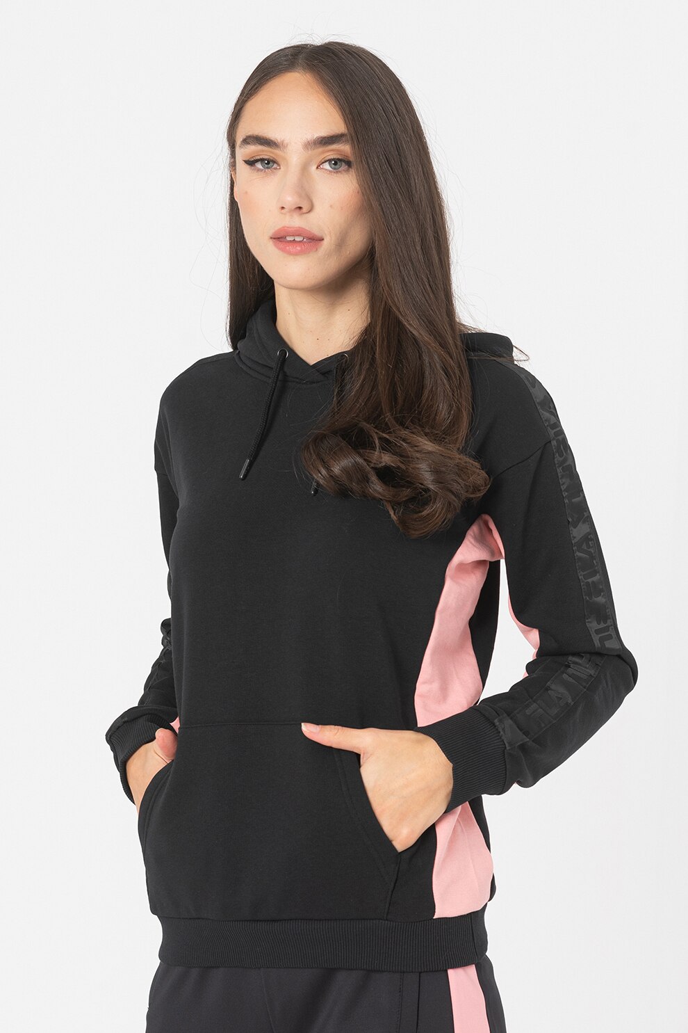 Fila, Hanorac cu snur si logo Nage, Negru/Roz