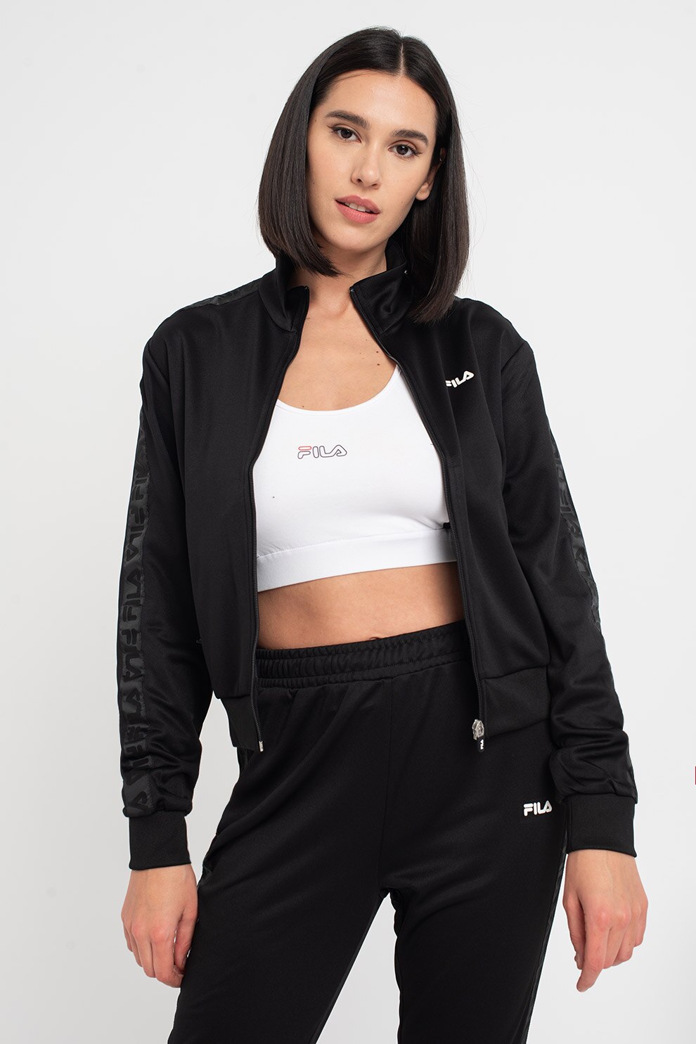 Fila, Bluza sport cu fermoar si benzi cu imprimeu logo pe maneci Netis, Negru