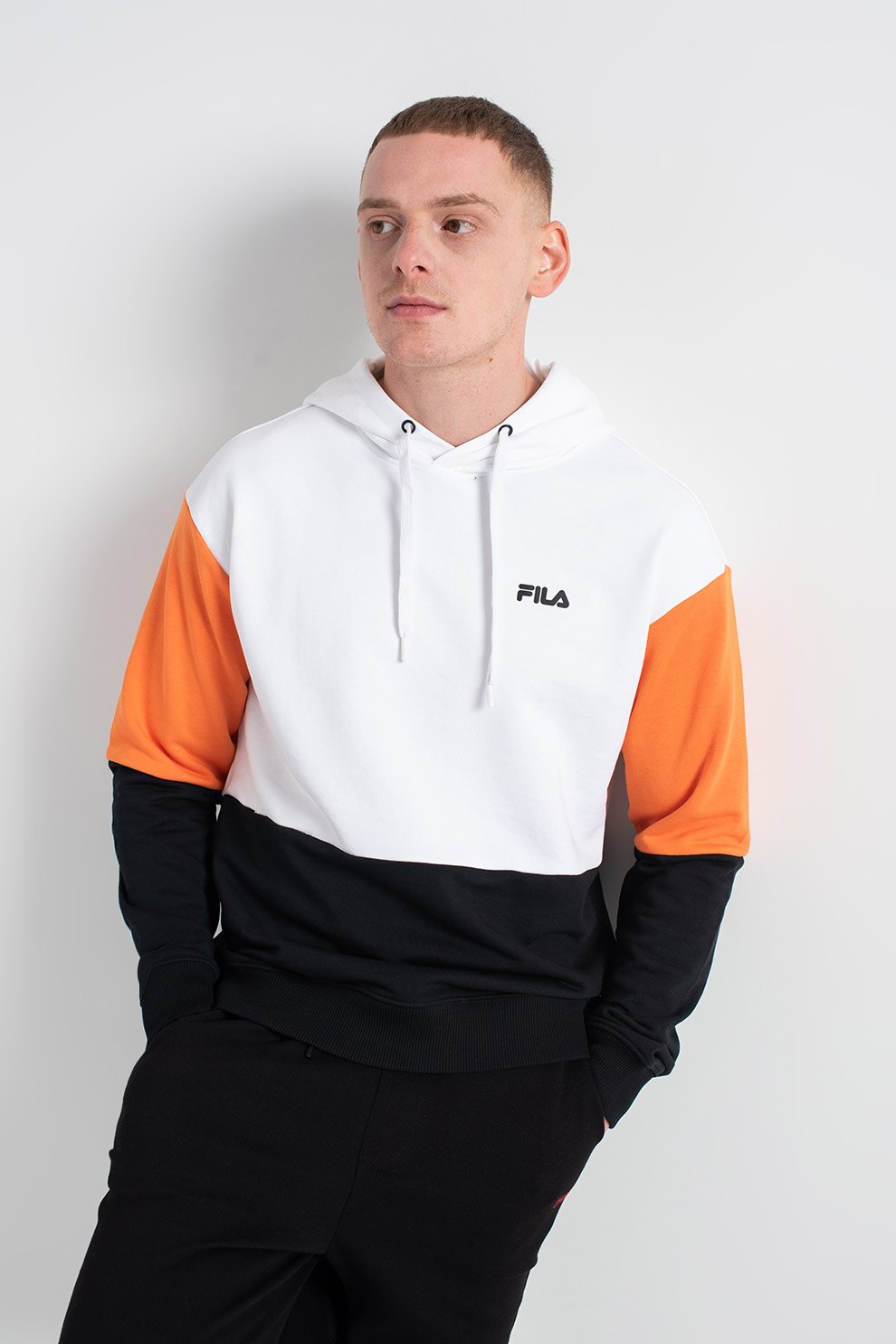 Fila, Hanorac din amestec de bumbac cu model colorblock Davis, Alb/Negru/Portocaliu