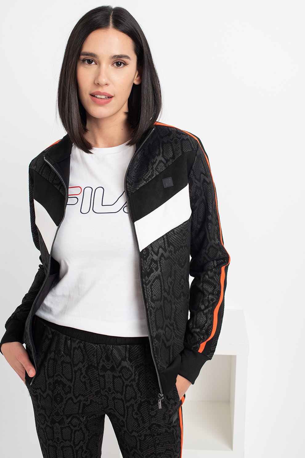 Fila, Jacheta cu imprimeu si fermoar Pandora, Negru/Gri, XS