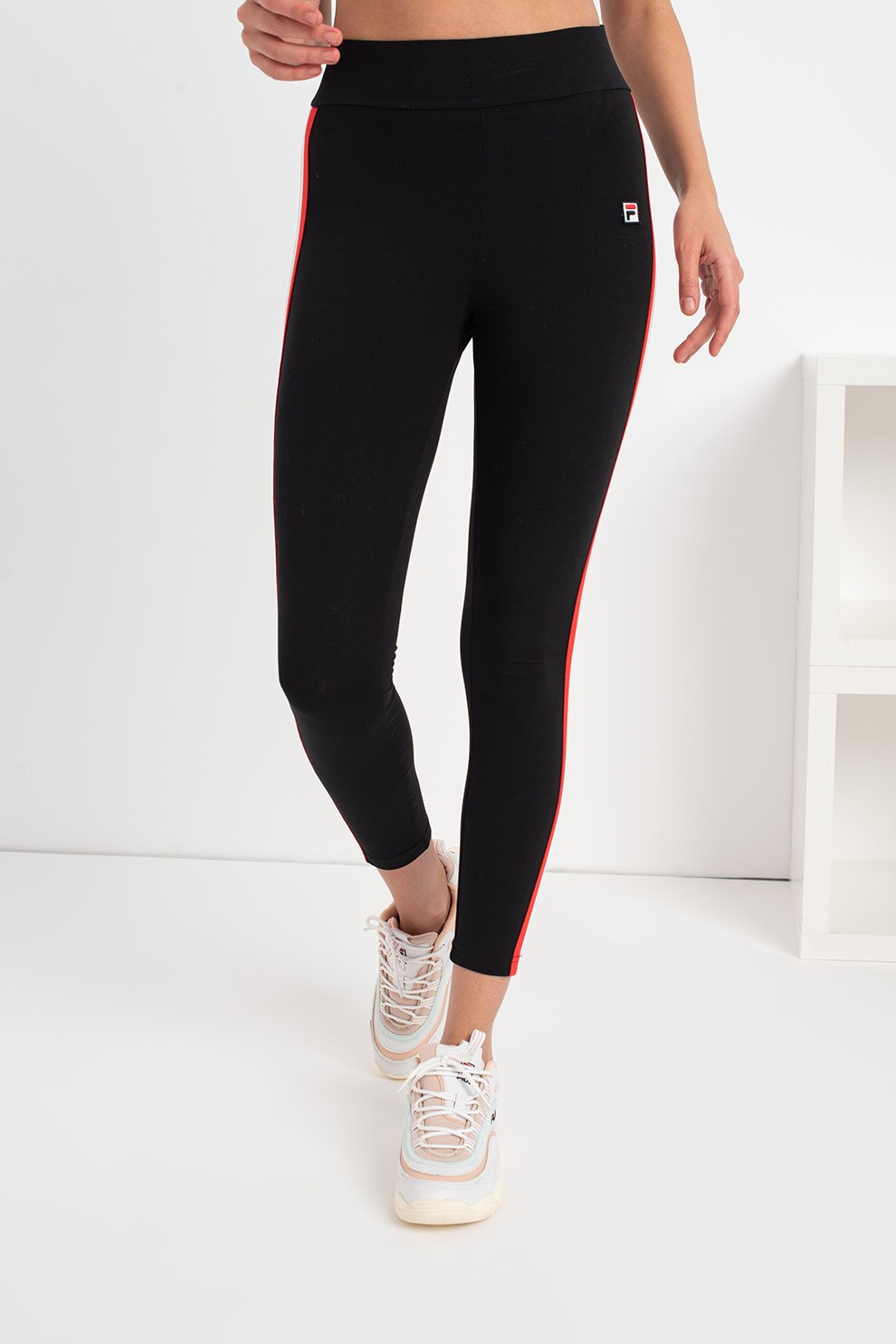 Fila, Colanti crop cu benzi laterale contrastante Terra, Negru/Alb/Rosu