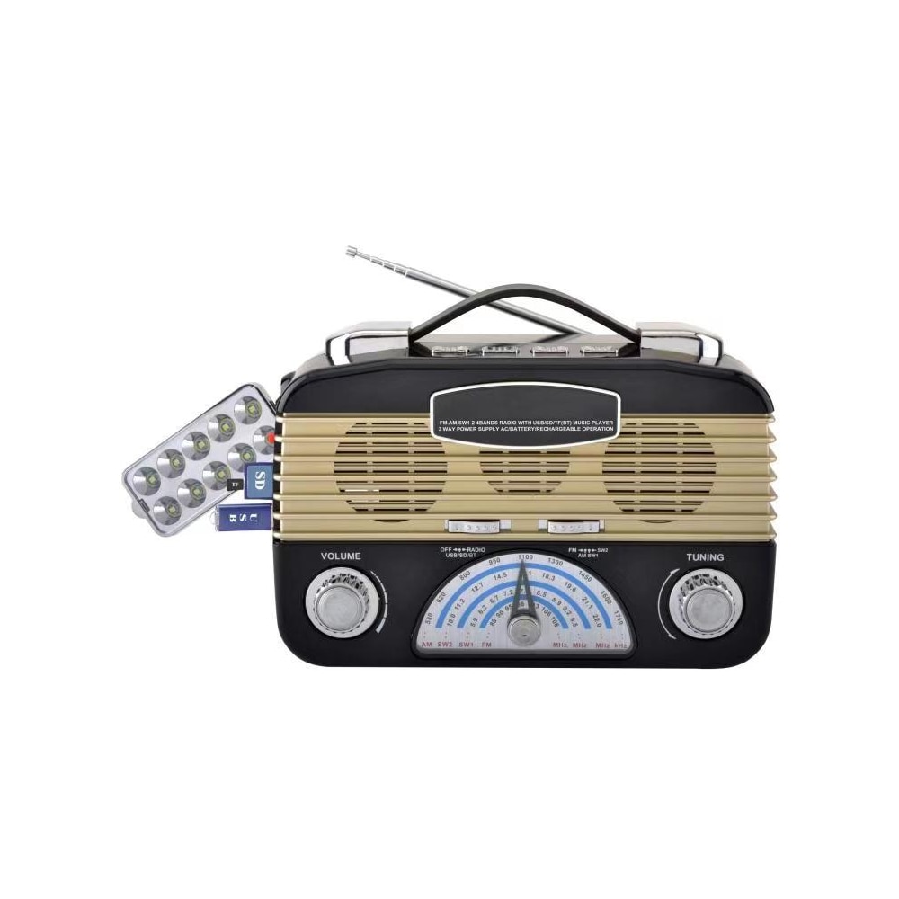 Radio Portabil Retro FP-1503U, Acumulator Incorporat, Lampa Multi-Led, AUX, USB, TF Card, FM/AM/SW, Negru
