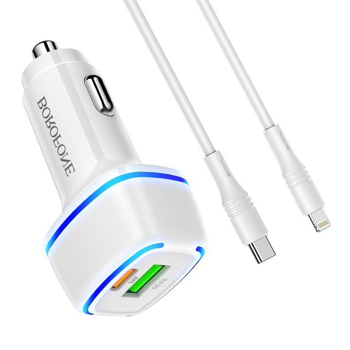 Автомобилно зарядно устройство Borofone, BZ14A USB кабел тип-C към Lightning, 20W, бял