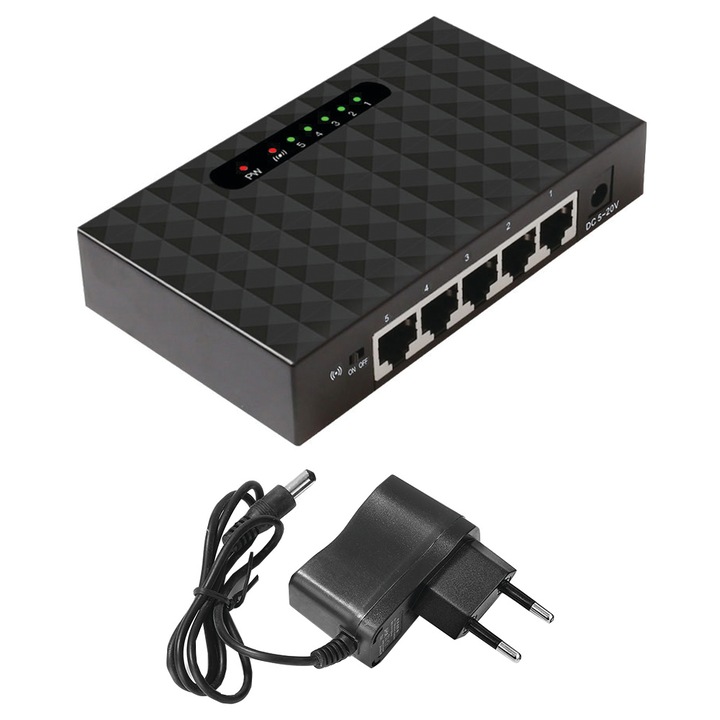 Switch 5 porturi RJ45Ethernet Network 10/100 Mbps, pentru Desktop, camere de supraveghere, laptop, router