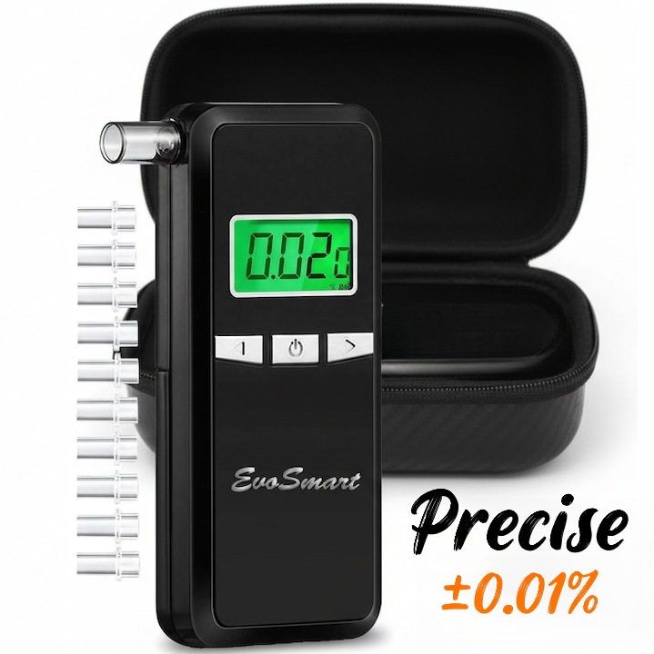 Alcool Tester EvoSmart™ AD80 Profesional, Etilotest, Digital, Functie de Memorare, Acuratete +/- 0.01% BAC, 10 mustiuc-uri incluse, Calibrare Automata, Recunoastere Suflat Fals, Analiza Rapida, Mustiuc-uri incluse, Display Digital LCD, Negru