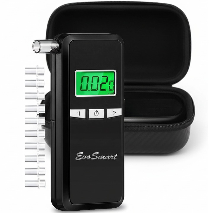 Alcool Tester EvoSmart™ AD80 Profesional, Etilotest, Digital, Functie de Memorare, Acuratete +/- 0.01% BAC, 10 mustiuc-uri incluse, Calibrare Automata, Recunoastere Suflat Fals, Analiza Rapida, Mustiuc-uri incluse, Display Digital LCD, Negru
