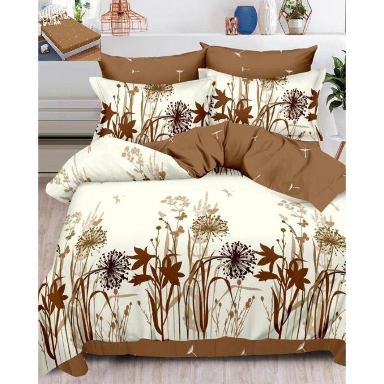 Set Lenjerie Finet, Cearceaf de Pat cu Elastic, 6 Piese, Pat 2 Persoane, Brown Flowers