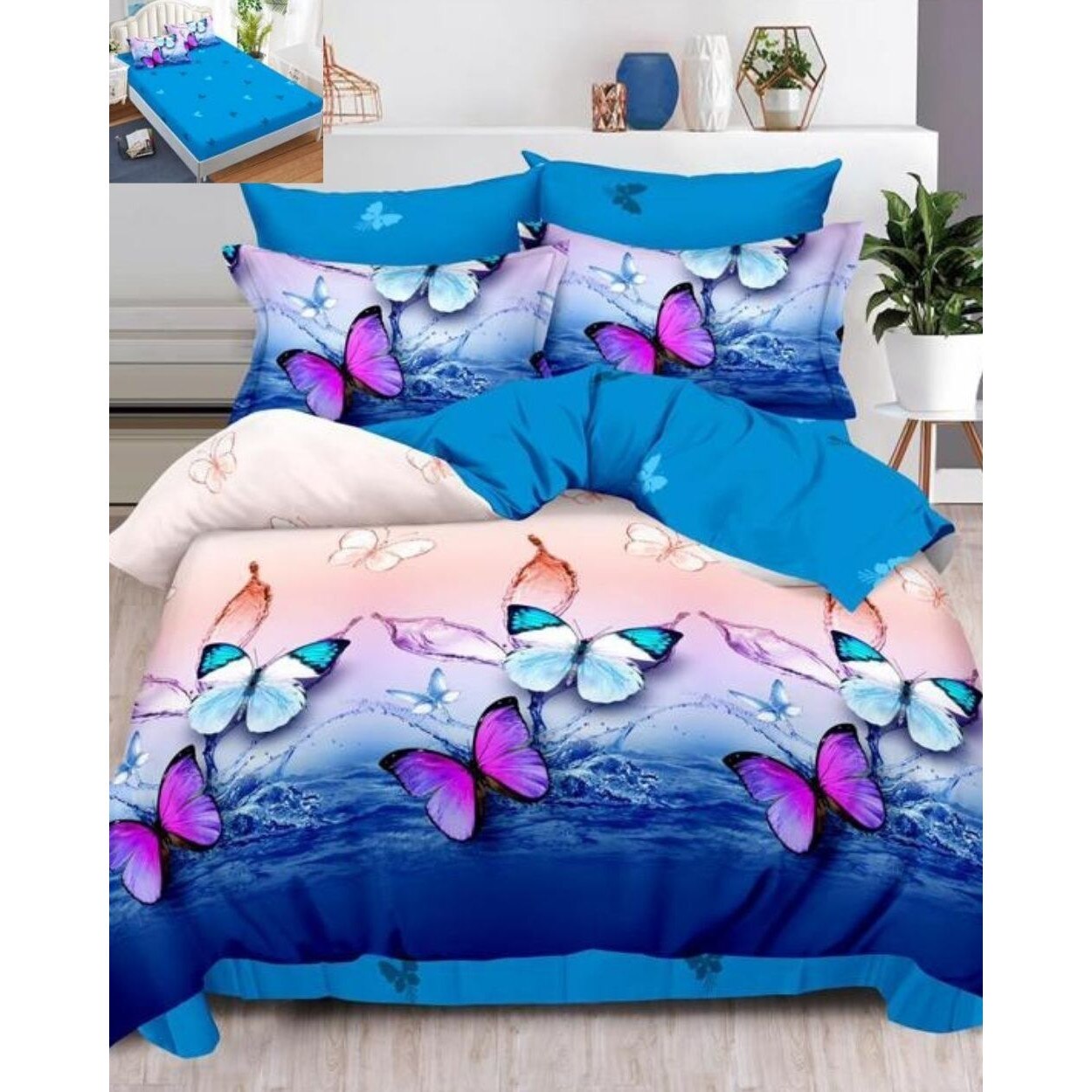 Set Lenjerie Finet, Cearceaf de Pat cu Elastic, 6 Piese, Pat 2 Persoane, Ocean Butterflies