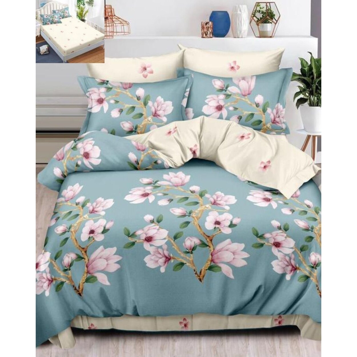 Set Lenjerie Finet, Cearceaf de Pat cu Elastic, 6 Piese, Pat 2 Persoane, Sakura Tree