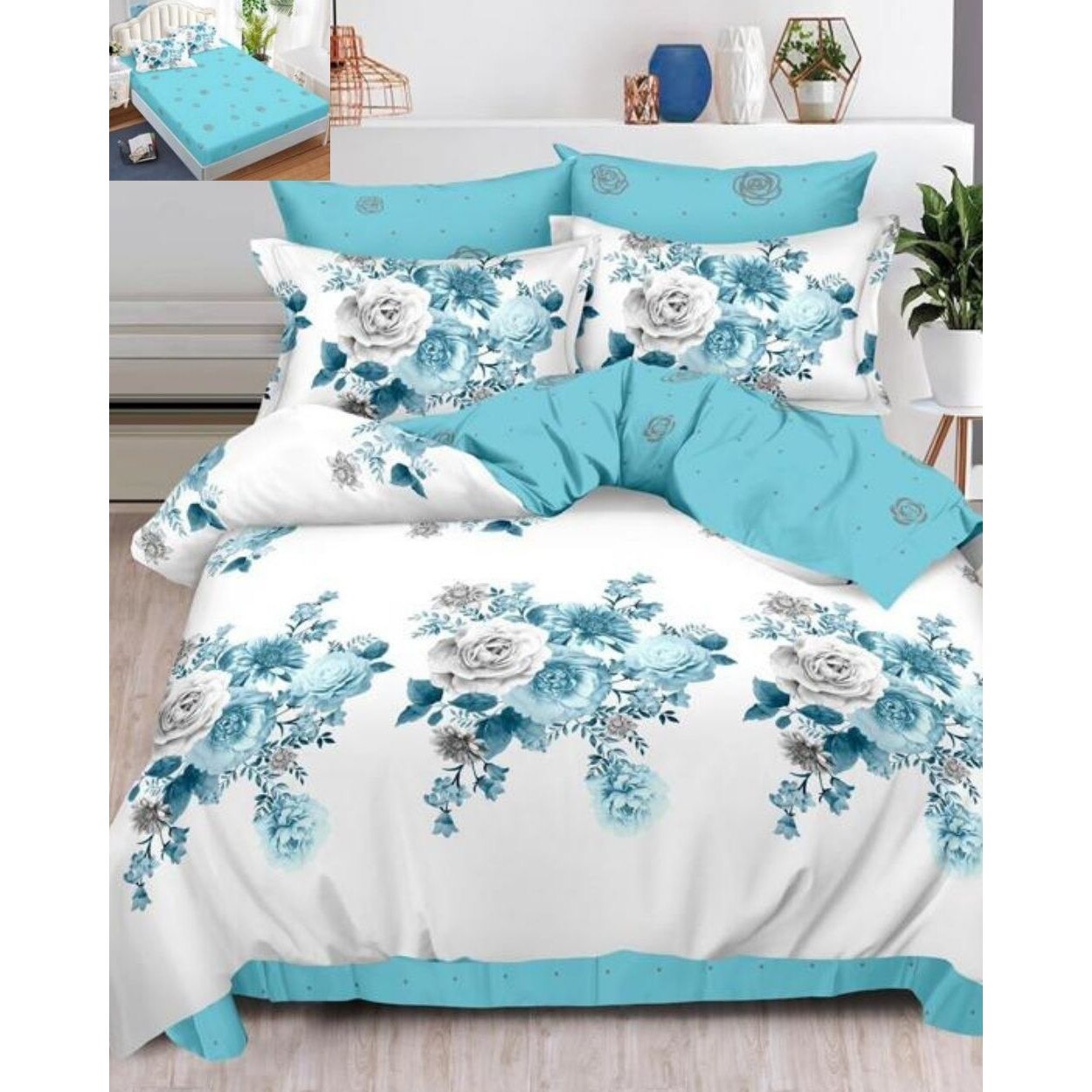 Set Lenjerie Finet, Cearceaf de Pat cu Elastic, 6 Piese, Pat 2 Persoane, Turquoise Flowers