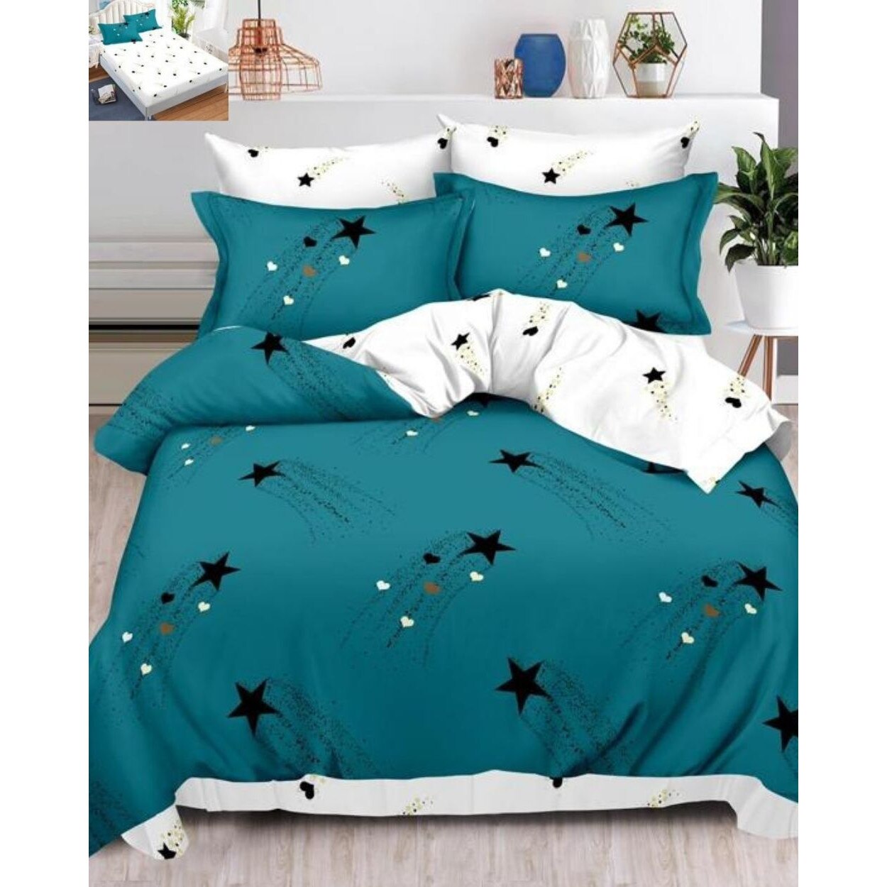 Set Lenjerie Finet, Cearceaf de Pat cu Elastic, 6 Piese, Pat 2 Persoane, Black Star