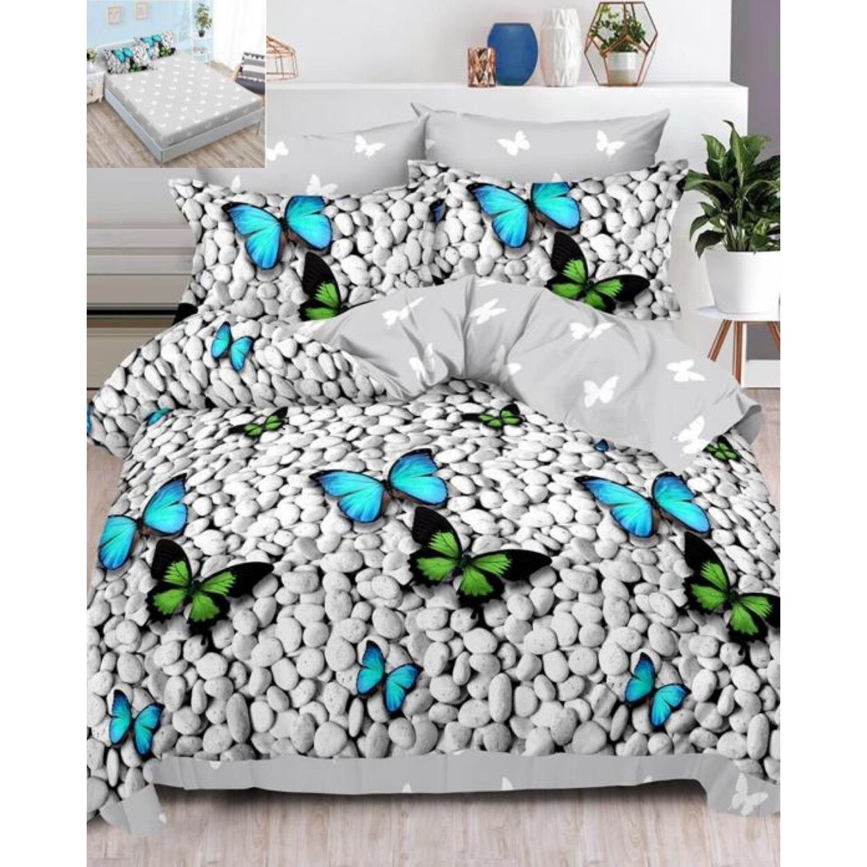 Set Lenjerie Finet, Cearceaf de Pat cu Elastic, 6 Piese, Pat 2 Persoane, Butterflies and Stones