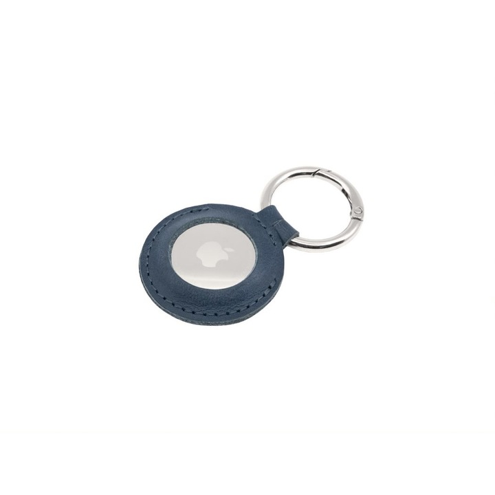 Husa piele naturala compatibila cu Apple AirTag, FIXED Case, carabina, albastru