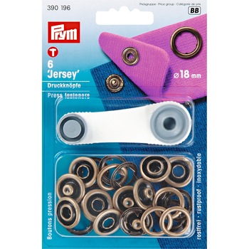 Set capse metalice Jersey cu unealta, diametru 18 mm, pentru tricot, 6 buc, finisaj alama antica Prym Set capse metalice Jersey cu unealta, diametru 18 mm, pentru tricot, 6 buc, finisaj alama antica Prym