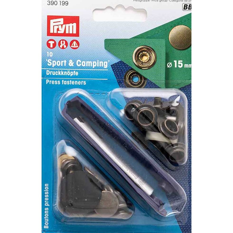 Set capse metalice Sport&Camping, de 15 mm, pentru materiale rigide, finisaj alama antica,10 buc cu aplicator, Prym