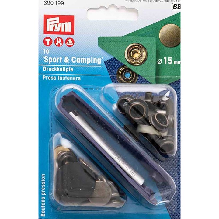 Set capse metalice Sport&Camping, de 15 mm, pentru materiale rigide, finisaj alama antica,10 buc cu aplicator, Prym