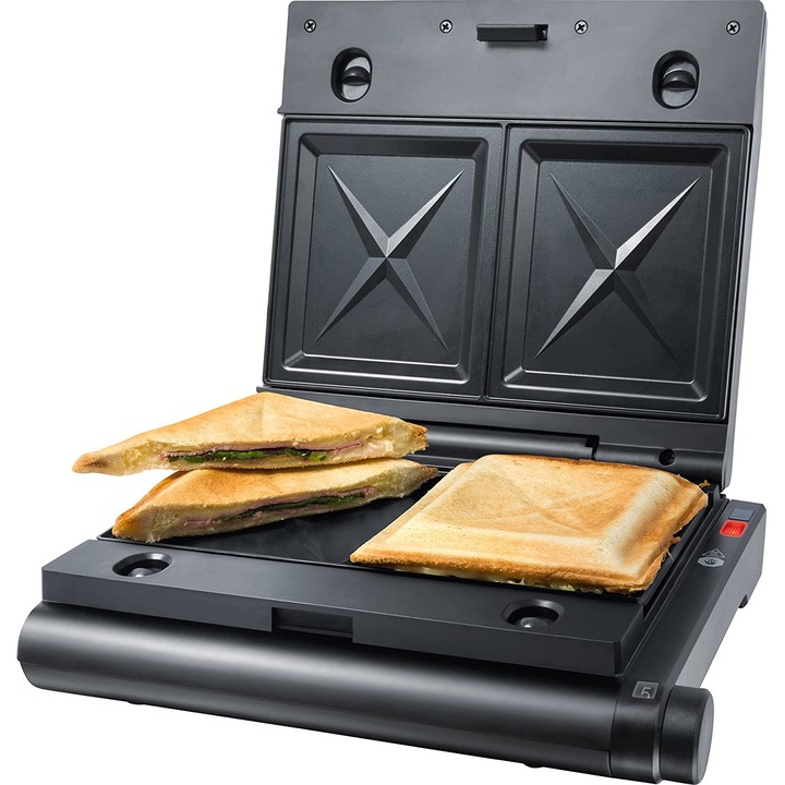 Sandwich-maker Steba, SG 55, 4 sandwich-uri, 3 placi interschimbabile, putere 1100 W, functie blocare de siguranta, curatare usoara, preparare rapida, negru/argintiu