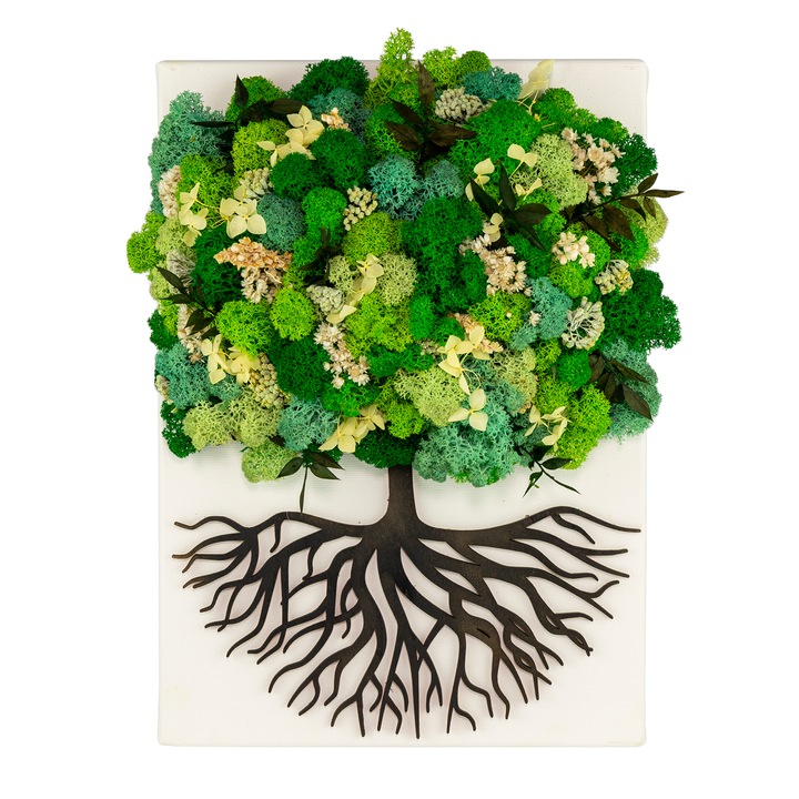 Tablou Copacul Vietii - Verde, Canvas cu Licheni si Flori Uscate YoobirimBox Handmade, 25 x 30 cm