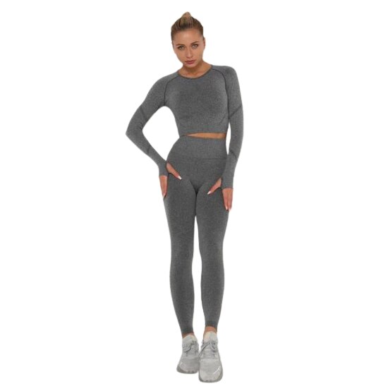 Set Sport 2 Piese Colanti si Bluza Crop cu Maneci, Gri