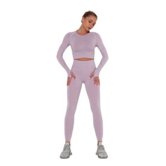 Set Sport 2 Piese Colanti si Bluza Crop cu Maneci, Lila