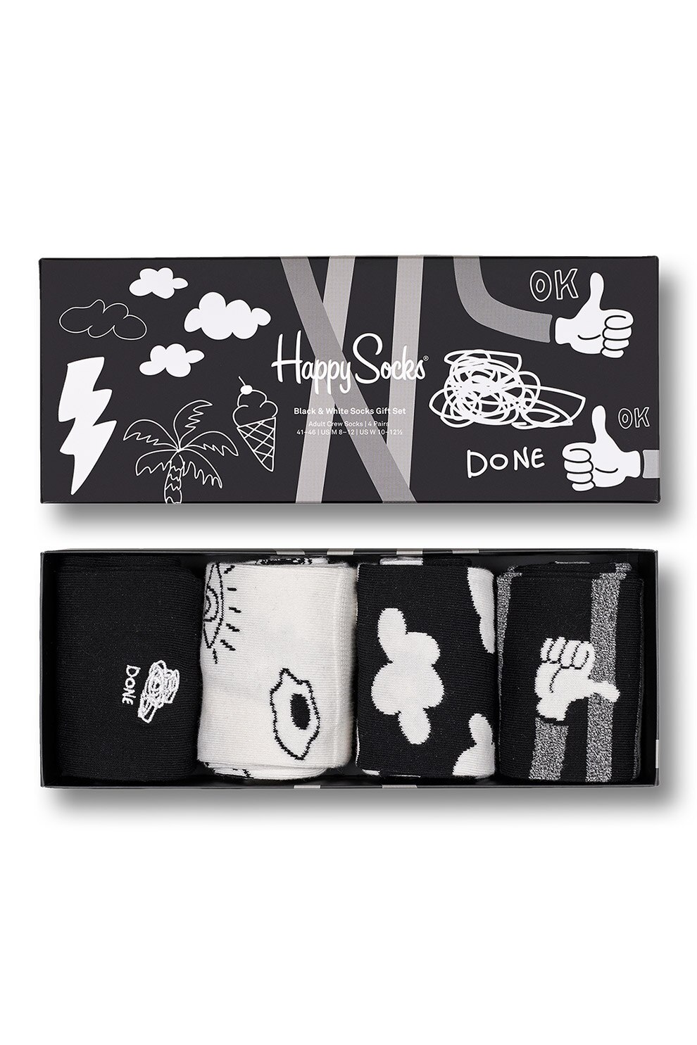 Happy Socks, Set unisex de sosete lungi cu model, 4 perechi, Negru/Alb, 36-40