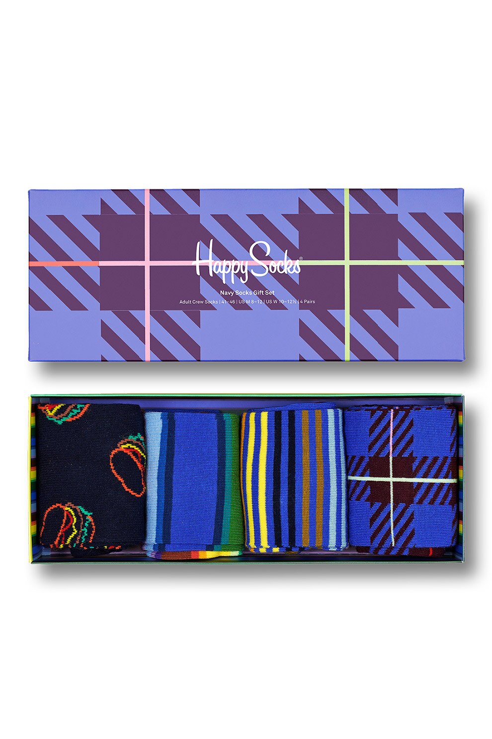 Happy Socks, Set unisex de sosete lungi cu model, 4 perechi, Albastru/Negru/Galben mustar