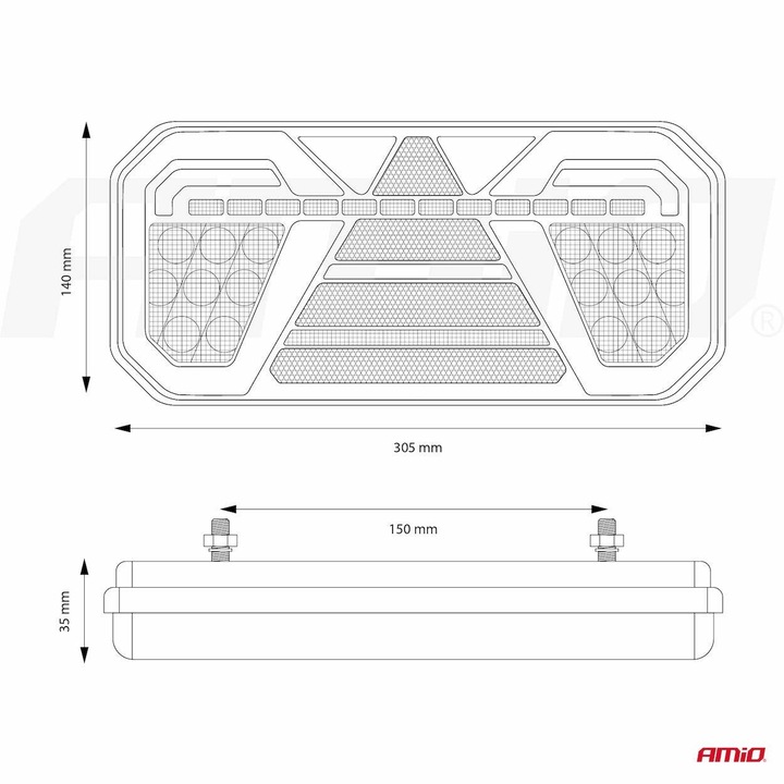 Стоп 305x140, LED, 6 функции, мъгла, заден ход, динамична сигнализация, ляв, 02368 Amio